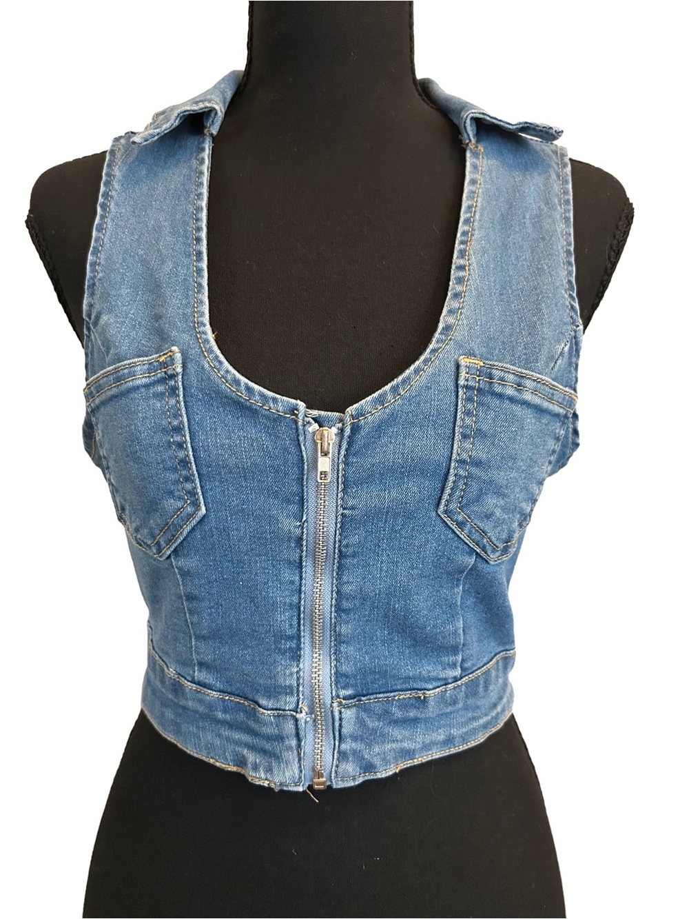 Blue Denim Zip-Front Crop Vest Size S
